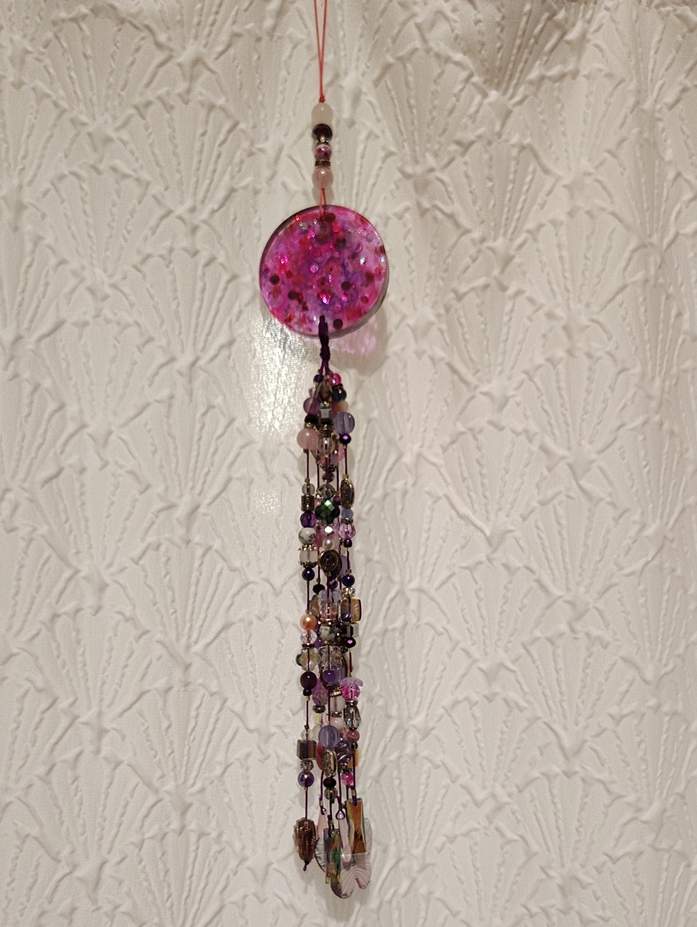 Hand Crafted Resin Sparkly Sun Catcher W/ Cascading Pink & Purple Beads.